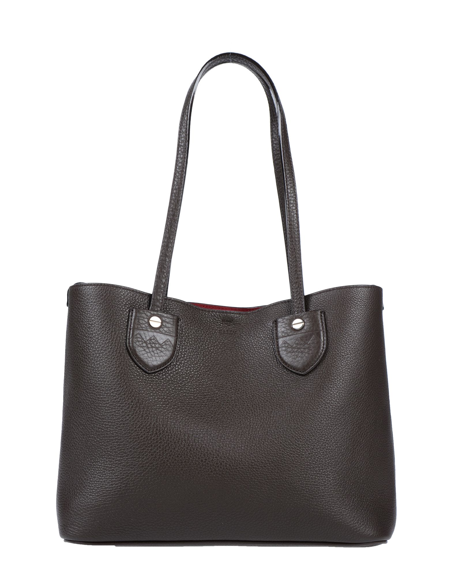 medium, textured leather, logo, solid color, clasp fastening, double handle, leather lining, contain