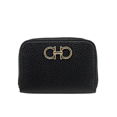 Ferragamo Gancini 金logo皮革拉鍊零錢/卡片包(黑)
