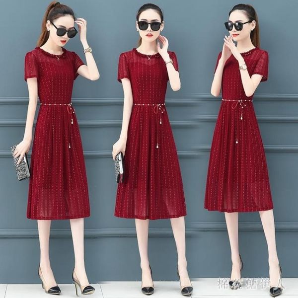 中大尺碼短袖洋裝夏季新款網紗流行收腰顯瘦OL氣質中長款雪紡連身裙 XN325【棉花糖伊人】