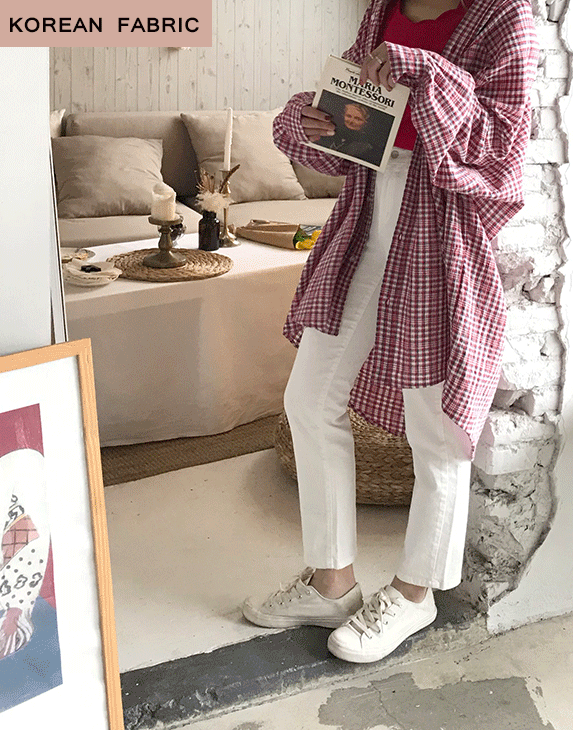 PAZZO+率性格紋長版襯衫