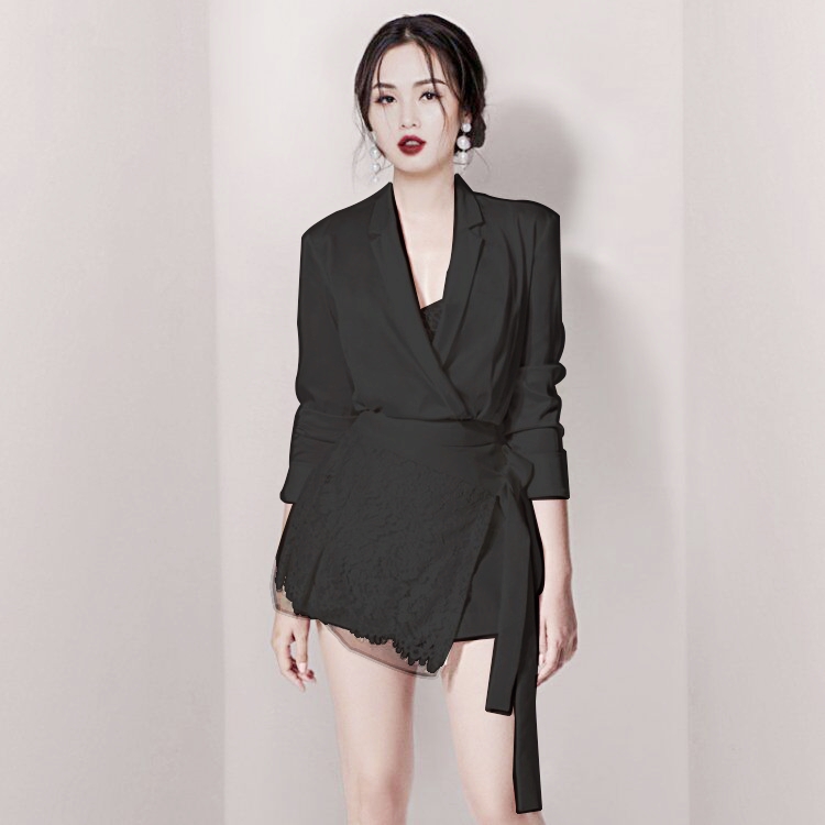 超有設計感小香風OL套裝長袖女生西裝外套網紗拼接兩件式套裝