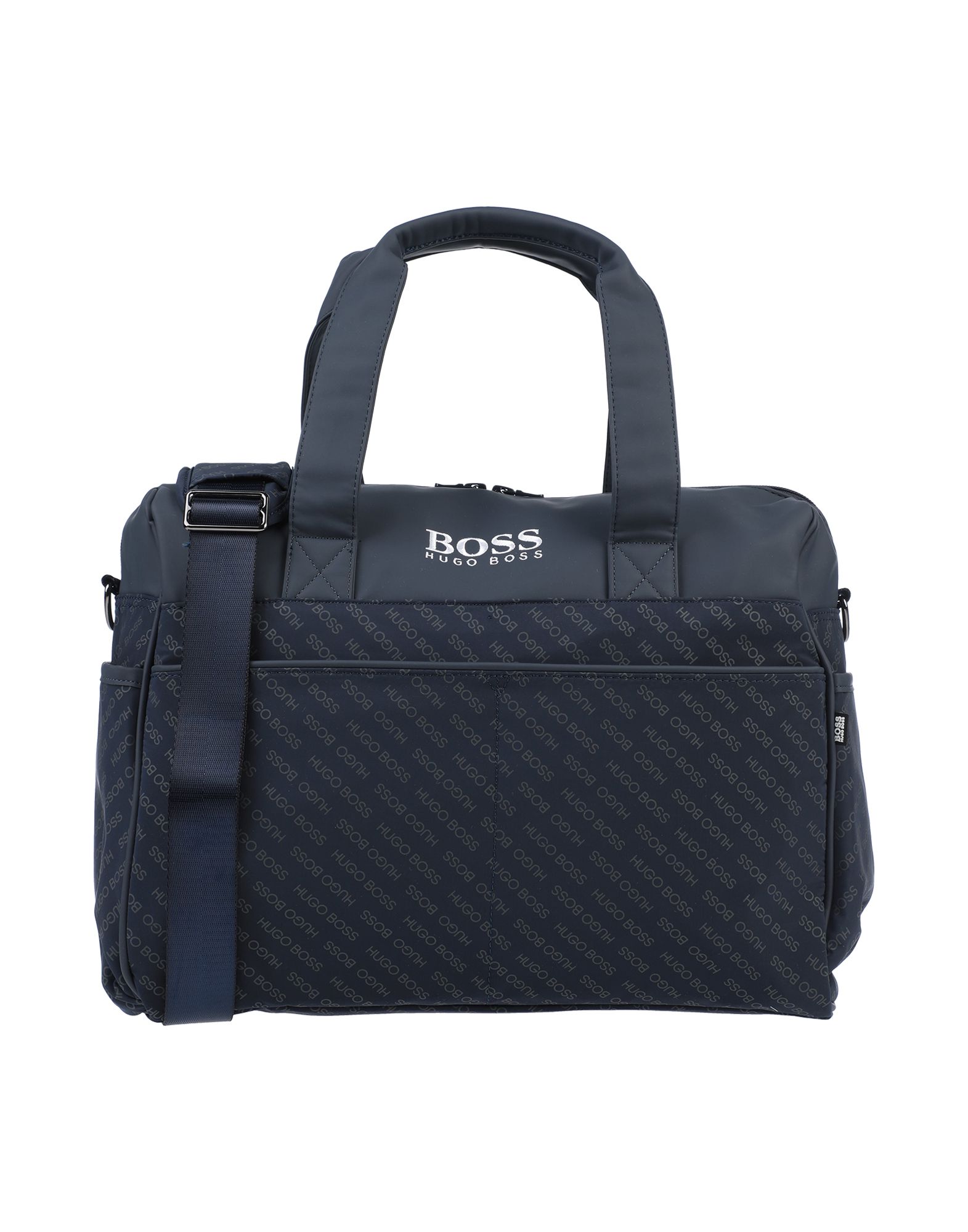 techno fabric, logo, print, solid color, double handle, removable shoulder strap, internal pockets, 