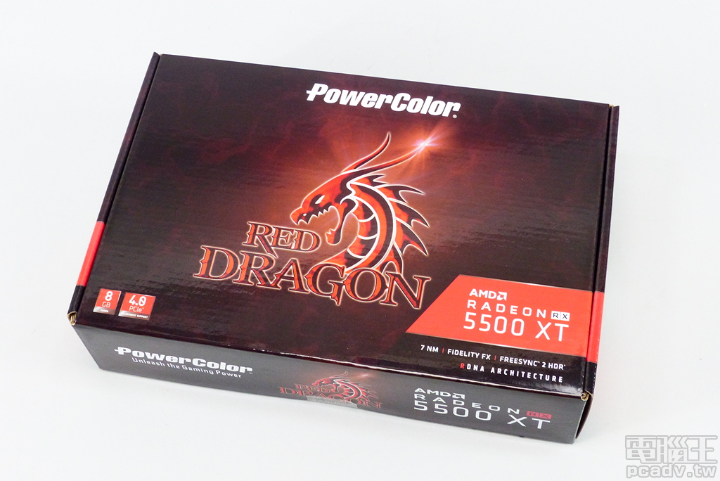 PowerColor Red Dragon RX5500XT 8GB GDDR6 (AXRX 5500XT 8GBD6-DHR/OC) 顯示卡時脈設定貼著 AMD 建議規格走，使用 GDDR6 8GB 14Gbps 記憶體，外盒設計也符合紅龍意象。