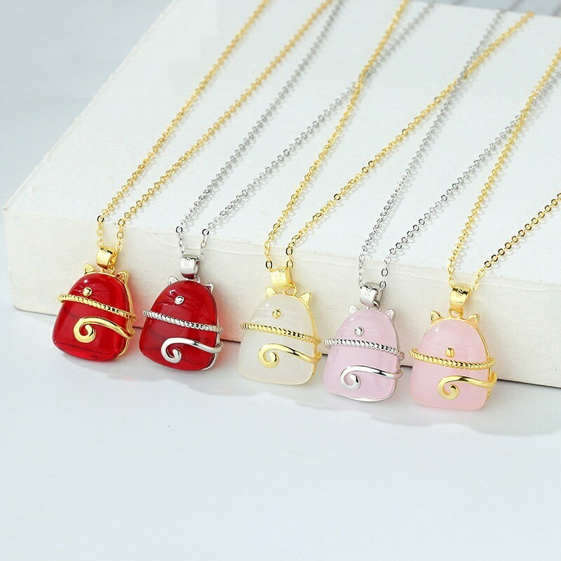 925純銀項鍊玉髓吊墜-招財貓咪可愛鎖骨鍊女飾品6款74bu17【獨家進口】【米蘭精品】