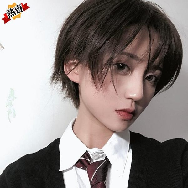 假髮 短髮帥氣女偽男裝中性斜劉海短直髮套偽正太短髮化妝cos假毛