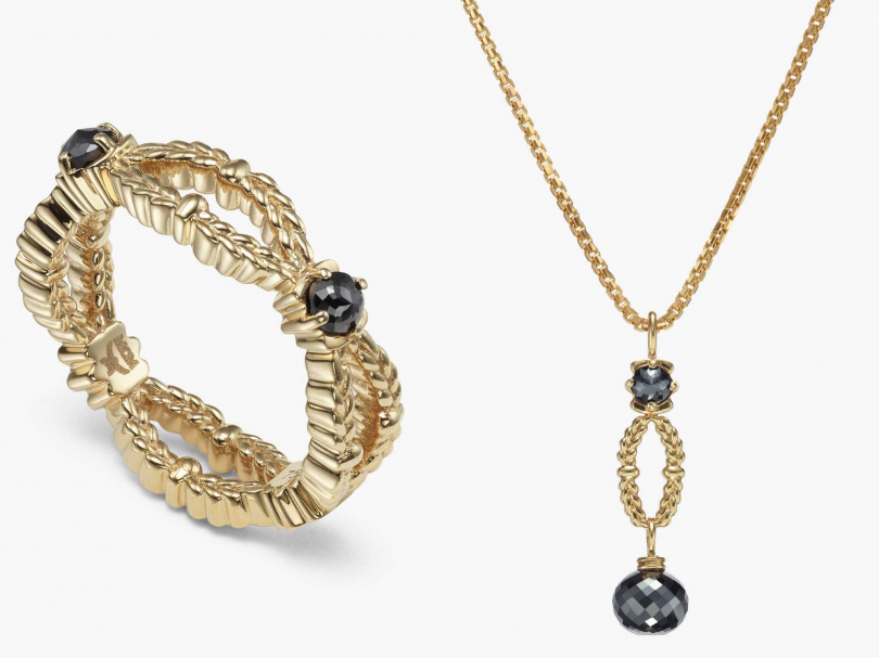 MCM「創意珠寶系列」，（左）18K金月桂葉黑鑽石戒指╱54,000元；（右）18K金月桂葉黑鑽石項鍊╱69,000元（圖片提供╱MCM）