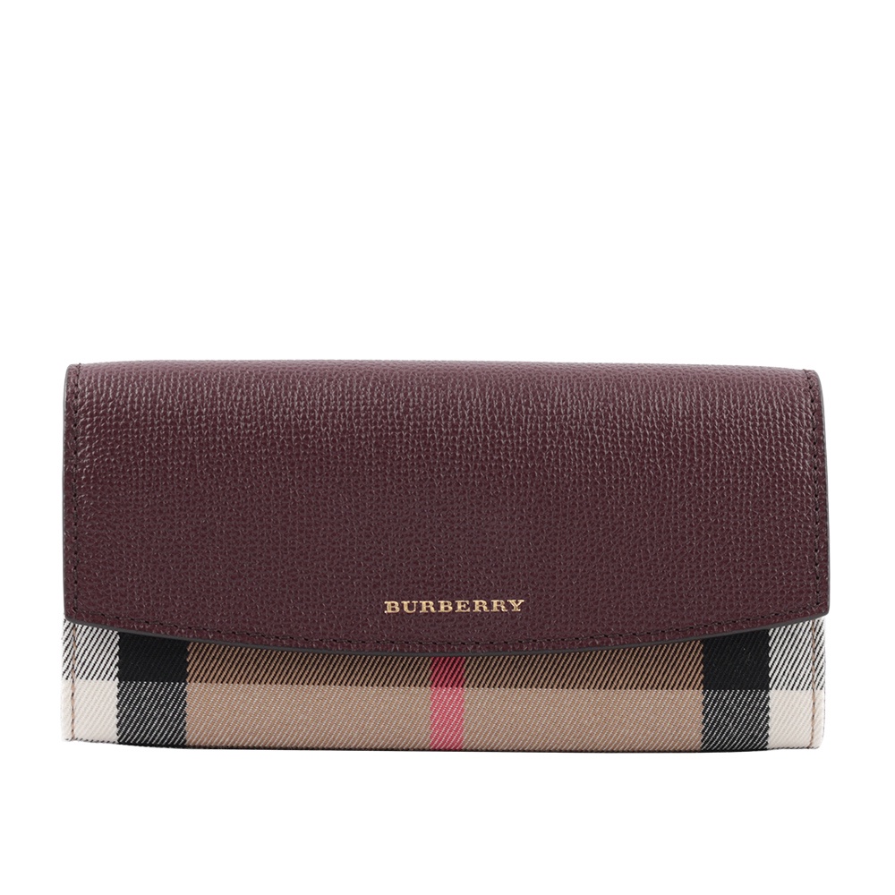 BURBERRY HOUSE格紋拚皮革壓釦長夾(酒紅色) 80278921