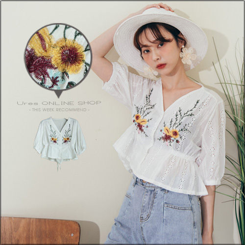 URES 刺繡花朵澎澎袖收腰棉麻上衣【881014348】