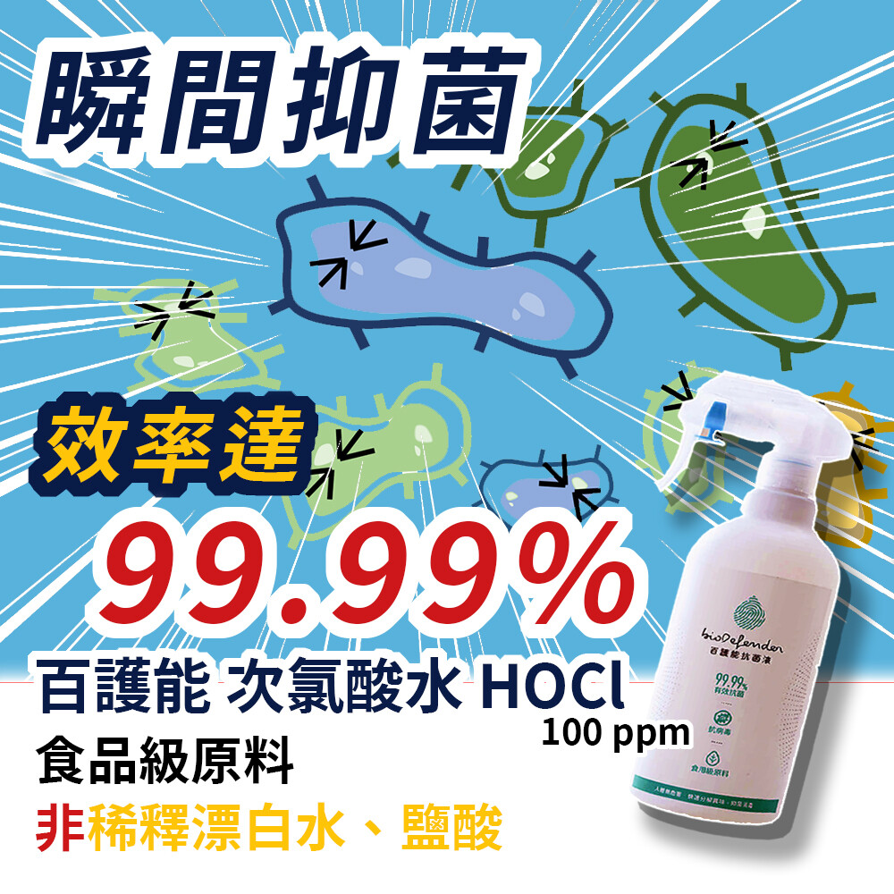 ★百護能抗菌液無添加化學物質 ★每次噴一下，快速抑制細菌及病毒 ★經SGS 實驗證實能有效、快速抑制環境中 99.99% 之細菌及病毒。 ★成份天然安全，嬰幼兒、孕婦、寵物皆可安心使用。 ★作用後還原