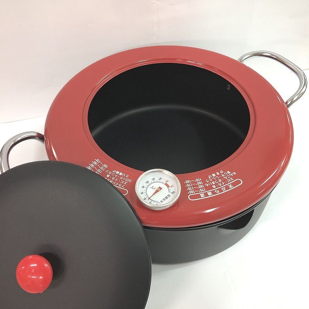 日本製 黑色炸物鍋附溫度計蓋子24cm 中央產業 天婦羅鍋 雙耳 日本鍋具