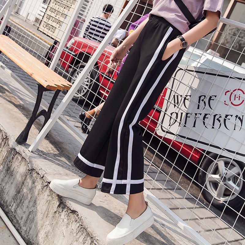 韓妞必備條紋休閒長褲韓系鬆緊腰直筒運動褲女生衣著韓版百搭寬褲學生高腰闊腿褲寬鬆顯瘦闊腳褲