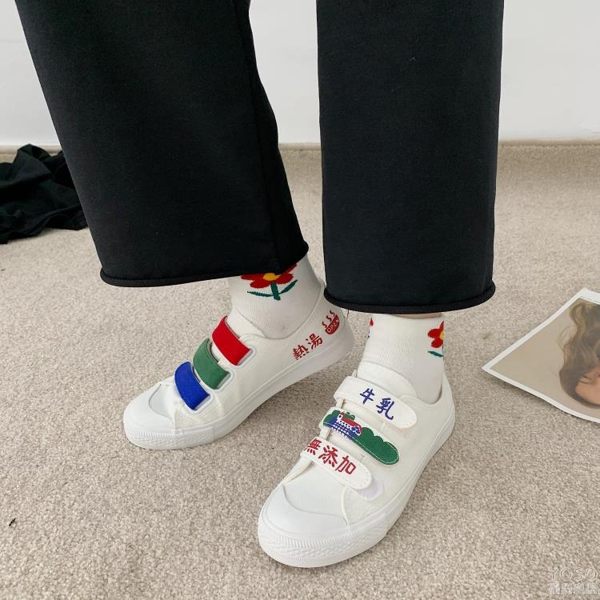 帆布鞋 韓版帆布鞋港味牛乳手繪板鞋涂鴉魔術貼小白鞋女 『優尚良品』