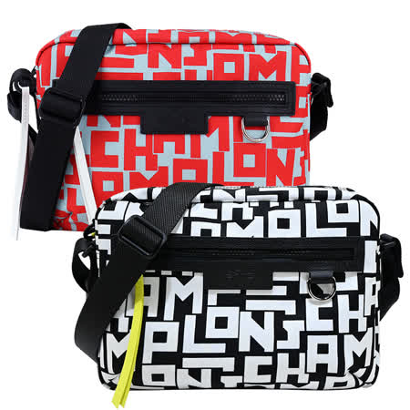 LONGCHAMP LE PLIAGE LGP系列尼龍滿版斜背相機包(中/黑X白)