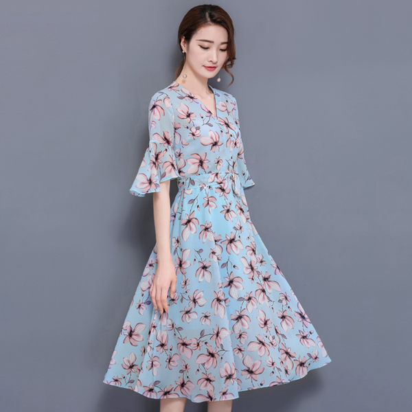【名模衣櫃】型-雪紡花卉V領洋裝-藍色-(M-2XL可選) 51141