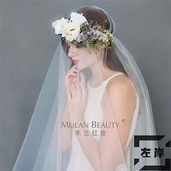 歐美簡約裸紗新娘韓式結婚婚紗頭紗超長素紗拖尾攝影旅拍凹造軟紗