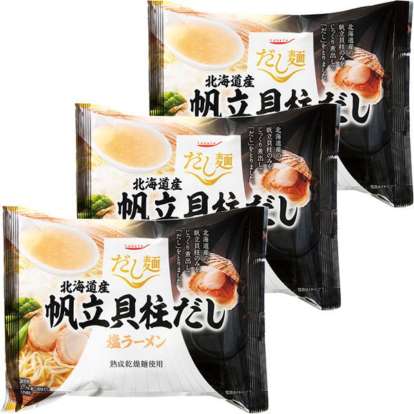 國分 tabete 北海道帆立貝鹽味拉麵 3入裝 J286108 嚴選北海道產的帆立貝柱精心熬出鮮甜的鹽味湯頭商品重量: 約336g，3入裝產地:日本成分:麵條（麵粉，蛋清粉，鹽，小麥蛋白），湯（扇貝