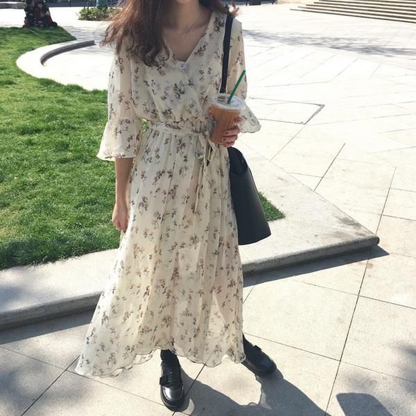 [超豐國際]夏季女裝復古碎花連衣裙女長裙寬松V領中長款打底裙1入
