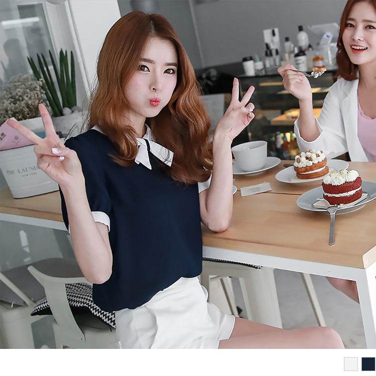 輕柔感的雪紡面料，帶出柔雅的魅力 假領結的設計，更是襯托出知性的好氣質! ************** 小提醒： 後釦可開 建議單獨洗滌，手洗或放洗衣袋洗最佳喔(勿用熱水)