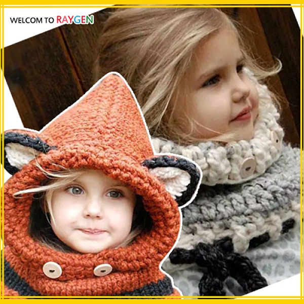狐狸手工毛線立體耳朵圍巾連帽披風 護耳帽 斗篷