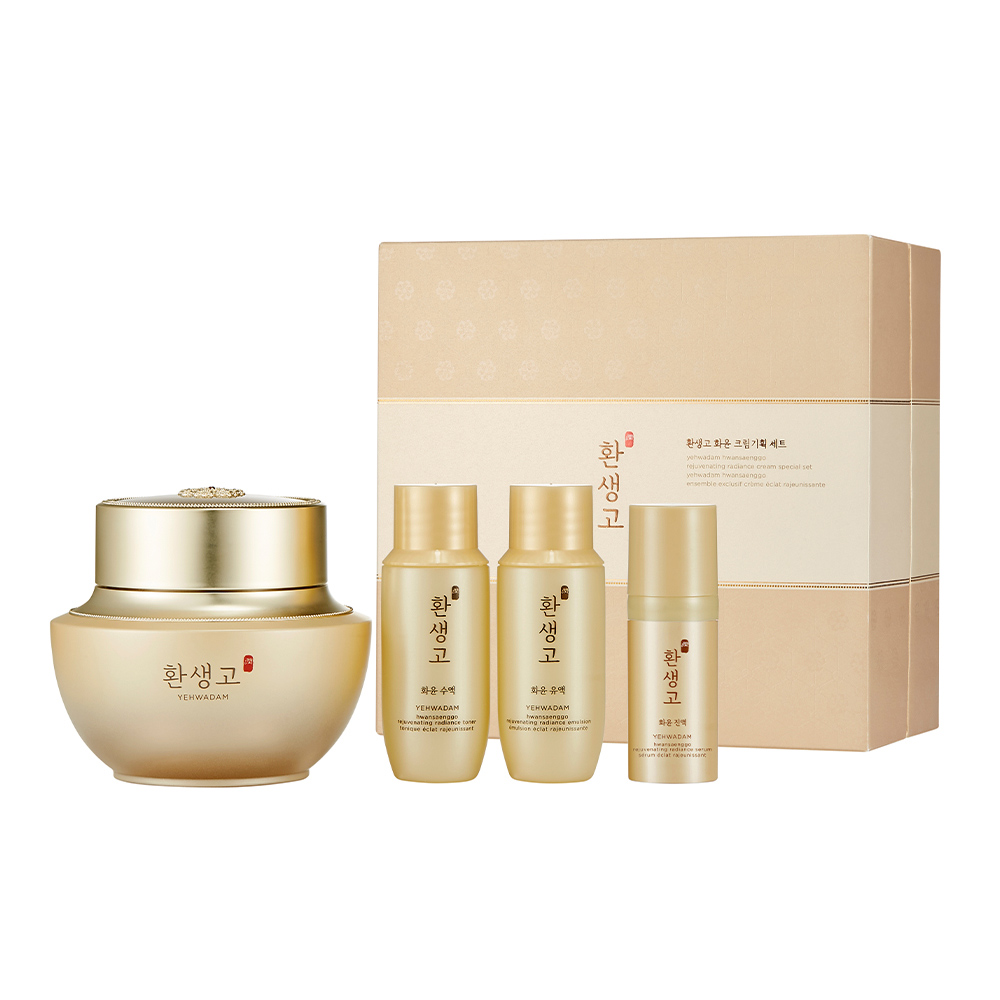 蘂花譚煥生煥潤乳霜 50ml用途：高濃縮珍貴韓方成分融合而成的天慧明義丹，柔軟的乳霜質地可滑嫩地融入肌膚、喚起肌膚本身透亮閃耀的高緊實乳霜。蘂花譚煥生煥潤化妝水 32ml用途：輕盈好吸收質地、在碰觸肌