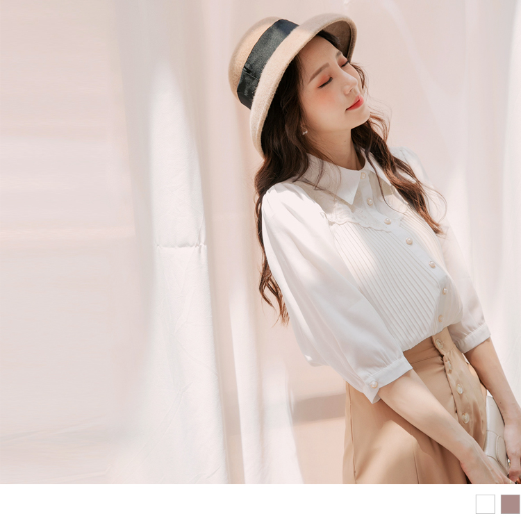 繡花壓褶珍珠釦雪紡七分袖上衣/襯衫