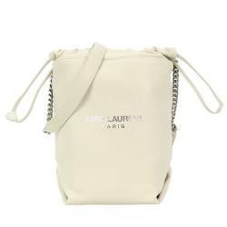 YSL SAINT LAURENT 小羊皮壓印燙銀LOGO斜肩水桶包(附手拿/小/白)