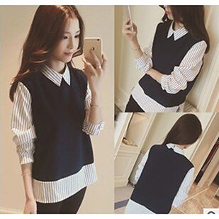 假兩件襯衫 黑白條紋襯衫 韓版襯衫 學院風襯衫 約會襯衫 假兩件式上 女假兩件上衣【147B】