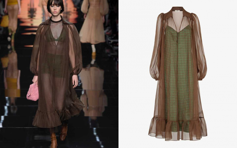 用透膚材質與兩種不同顏色、格紋混搭，創造出新鮮感。FENDI Check organza dress／約84,000元（圖／品牌提供）