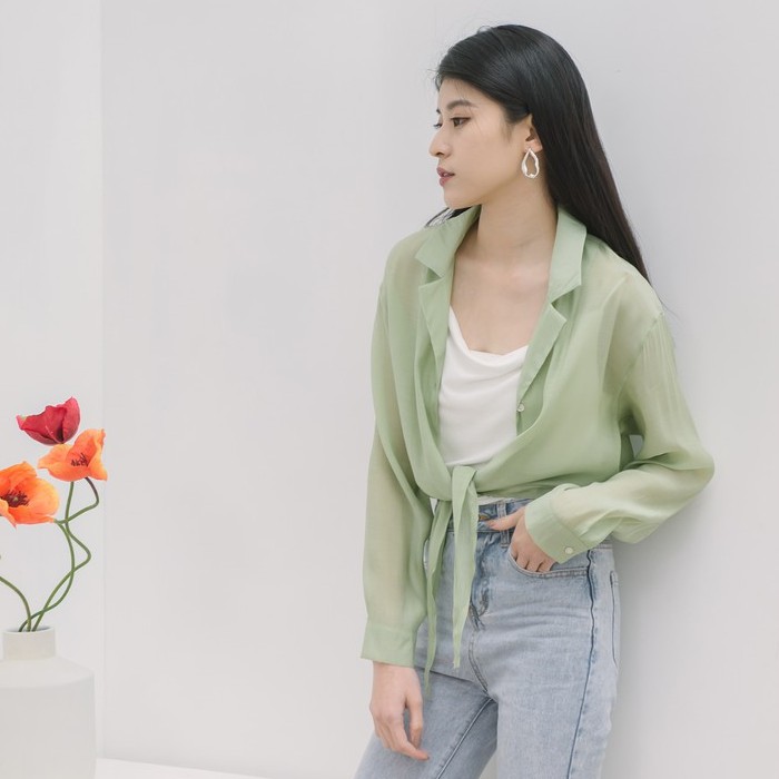 【MiROO】防曬薄紗綁帶罩衫 (白/綠)