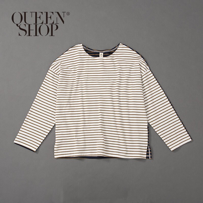 Ｑｕｅｅｎ Ｓｈｏｐ【01038001 】咖啡撞色拼接條紋長袖上衣 1/2/3＊現+預