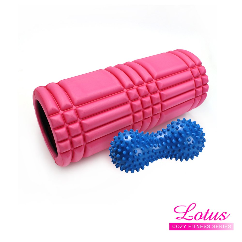 【LOTUS】兩件組 EVA瑜珈柱瑜珈滾筒-亮桃紅+滾滾花生按摩球