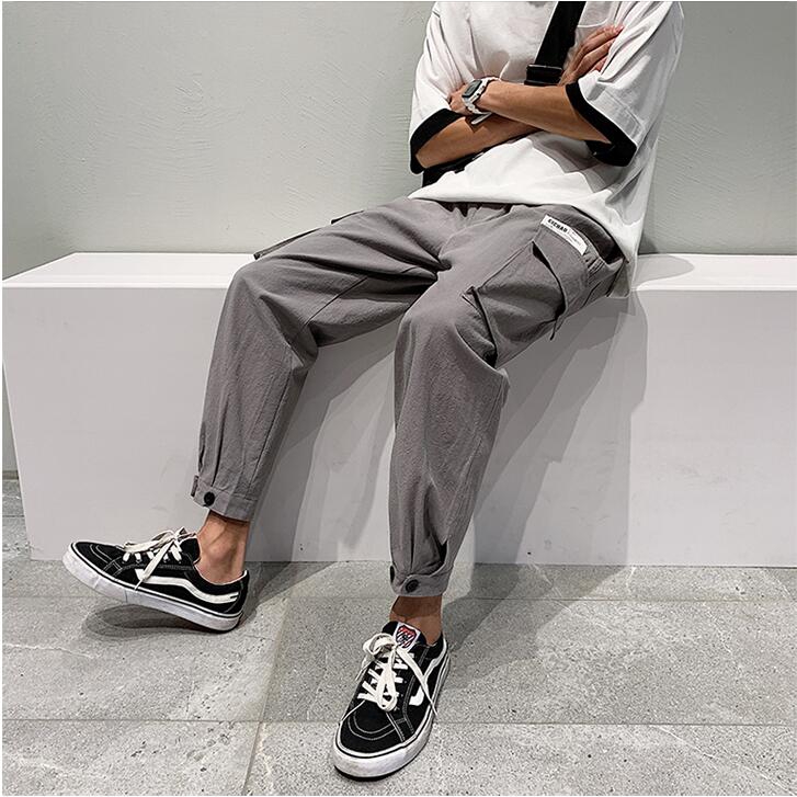 日系潮牌時尚紐扣束腳韓版長褲 青少年舒適薄款棉麻休閒長褲 學院風寬鬆大尺碼九分褲 素色百搭大口袋工作褲 正韓褲子 衣著男
