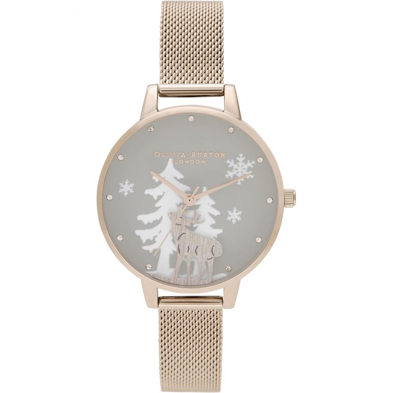 OLIVIA BURTON 可愛聖誕麋鹿玫瑰金框金屬鏈腕錶 34mm