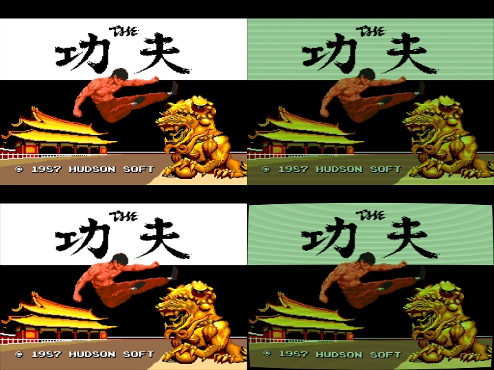 特效設定由左上起順時鐘為，原始，掃描線（模擬傳統平面電視效果），復古（模擬傳統球面電視效果），Enhanced（反鋸齒與圓滑化）。