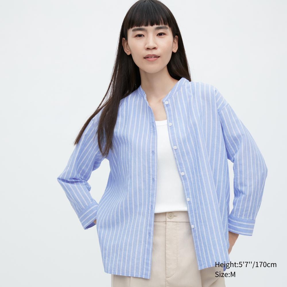亞麻混紡條紋襯衫(七分袖)