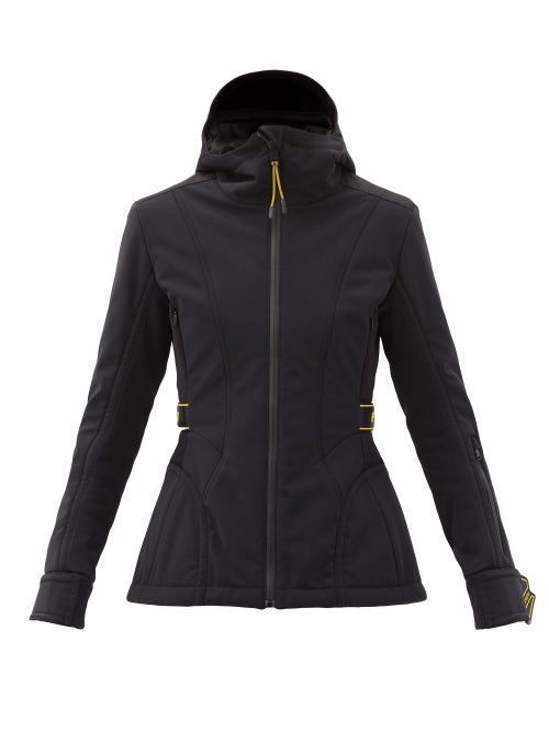 Fendi - Fendi's black ski jacket features yellow logo-print velcro tabs at the waist, cinching in th
