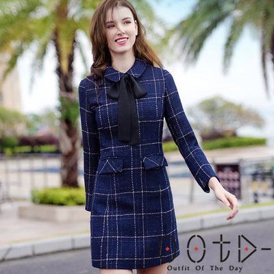 復古英倫風格紋加絨長袖洋裝 (深藍色)-OOTD