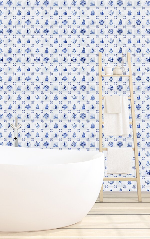 Royal Delft by Nicolette Mayer壁紙 荷蘭牆紙 陶磁磁磚紋 白底藍色 皇家台夫特藍陶工廠 台夫特藍陶 （訂貨單位 52cm10m/卷） / Royal Delft T