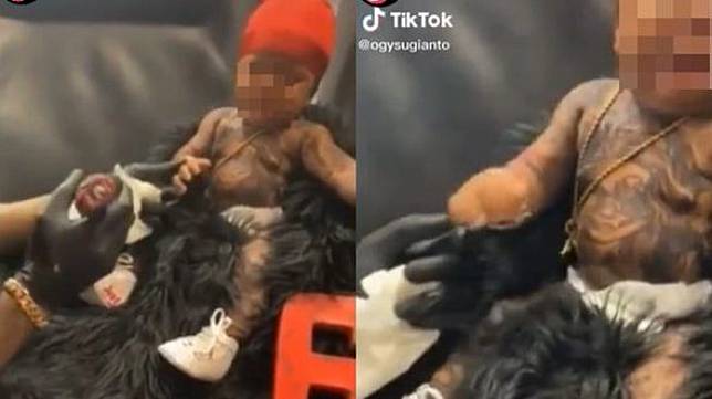 Viral Video Bayi Menangis Sekujur Tubuh di Tato. (TikTok)