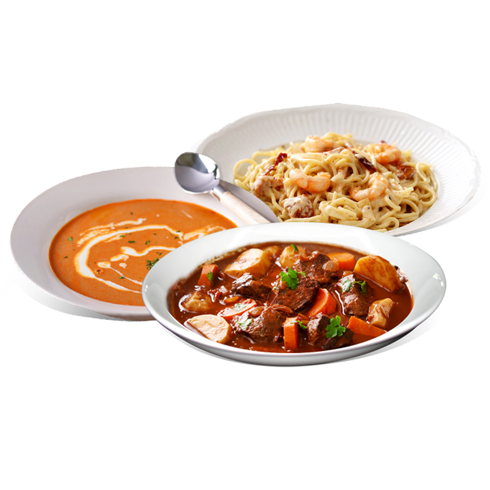 寬大廚 Chef Quan 雙人組合餐組合內容物：寬大廚 Chef Quan 法式終極紅酒燉牛肉 /1包 寬大廚 Chef Quan 辣味風乾番茄乳酪蝦仁醬麵 /1包 寬大廚 Chef Quan 奶油