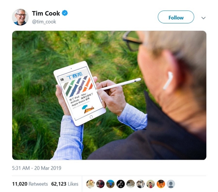 庫克在Twitter上畫了張第二代AirPods產品圖，然後他的照片就被網友玩成這樣了