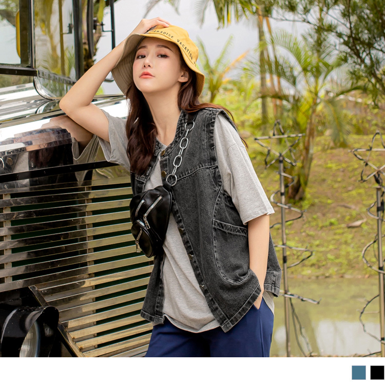 高含棉牛仔排釦口袋外搭背心