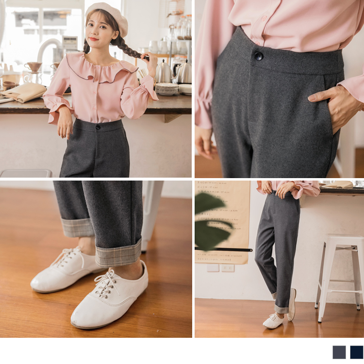 磨毛質感觸感柔軟好摸， 緊密的紮實感提升保暖力~ 褲腳反褶增添層次感， 修身版型可以藏住肉肉的大腿~ 輕鬆達到纖細的效果!! ************** 小提醒： 前口袋為真，後口袋為假 深色衣物建