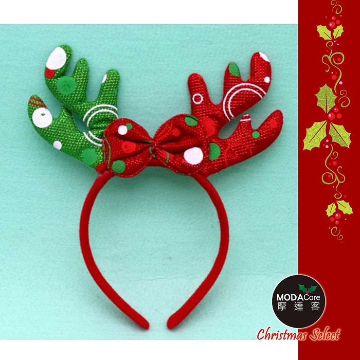 【摩達客】(預購3~5天出貨)紅綠蝴蝶結時尚鹿角髮箍