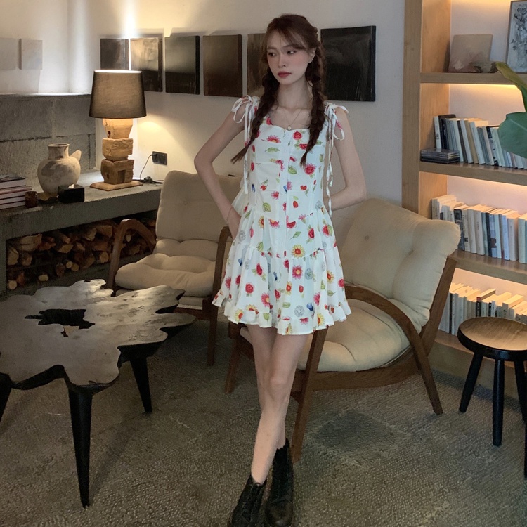 夏季新款花朵印花洋裝,抽繩單排扣吊帶裙 CJ220601