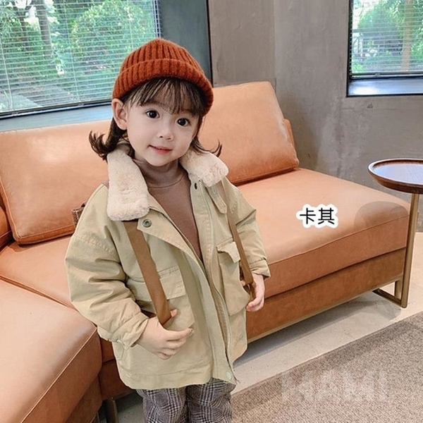 毛毛立領雙口袋加厚柔軟細毛 寬鬆拉鍊外套 風衣 工裝 厚外套 女童 男童