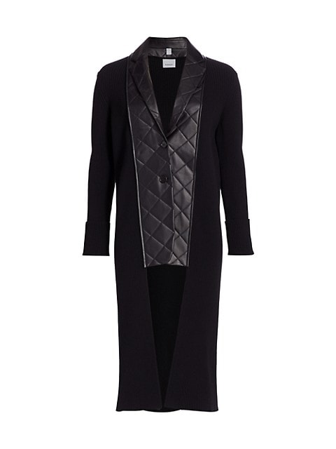 A long ribbed knit cardigan is elevated in this rendition, featuring a quilted leather front panel w