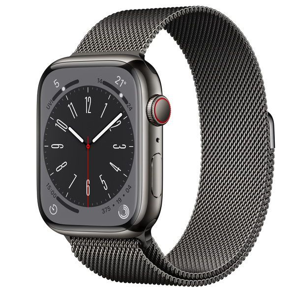 Apple Watch Series 8 (GPS + 行動網路)；45 公釐石墨色不鏽鋼錶殼；石墨色米蘭式錶環 -
