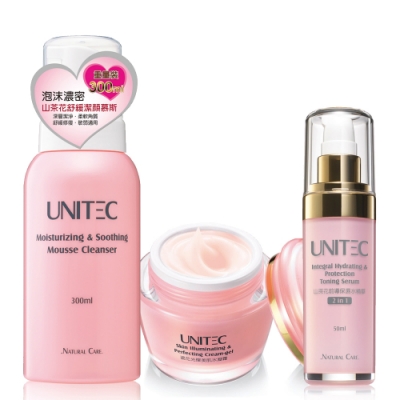 內含： 山茶花舒緩潔顏慕絲300ml +山茶花前導保濕水精華50ml 瓷花光燦美肌水凝霜50g 女大推薦 10秒有感保濕
