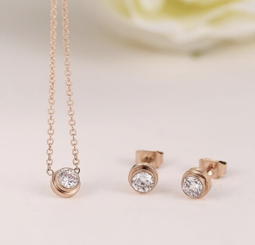 玫瑰金天然白水晶 鎖骨鍊/耳釘針